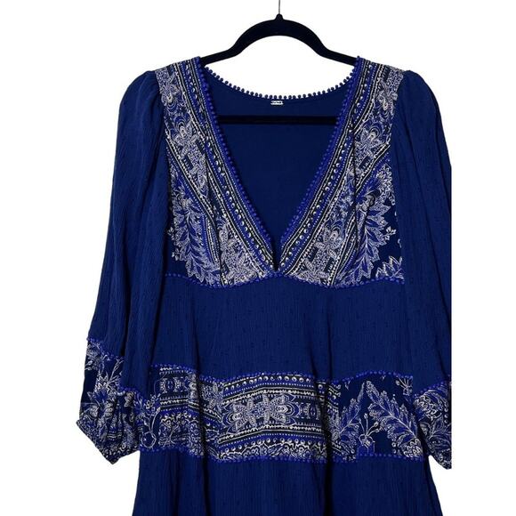 Free People XS Blue V-neck Tunic Mini Dress Sexy Babydoll Flowy Boho Festival - Picture 4 of 16